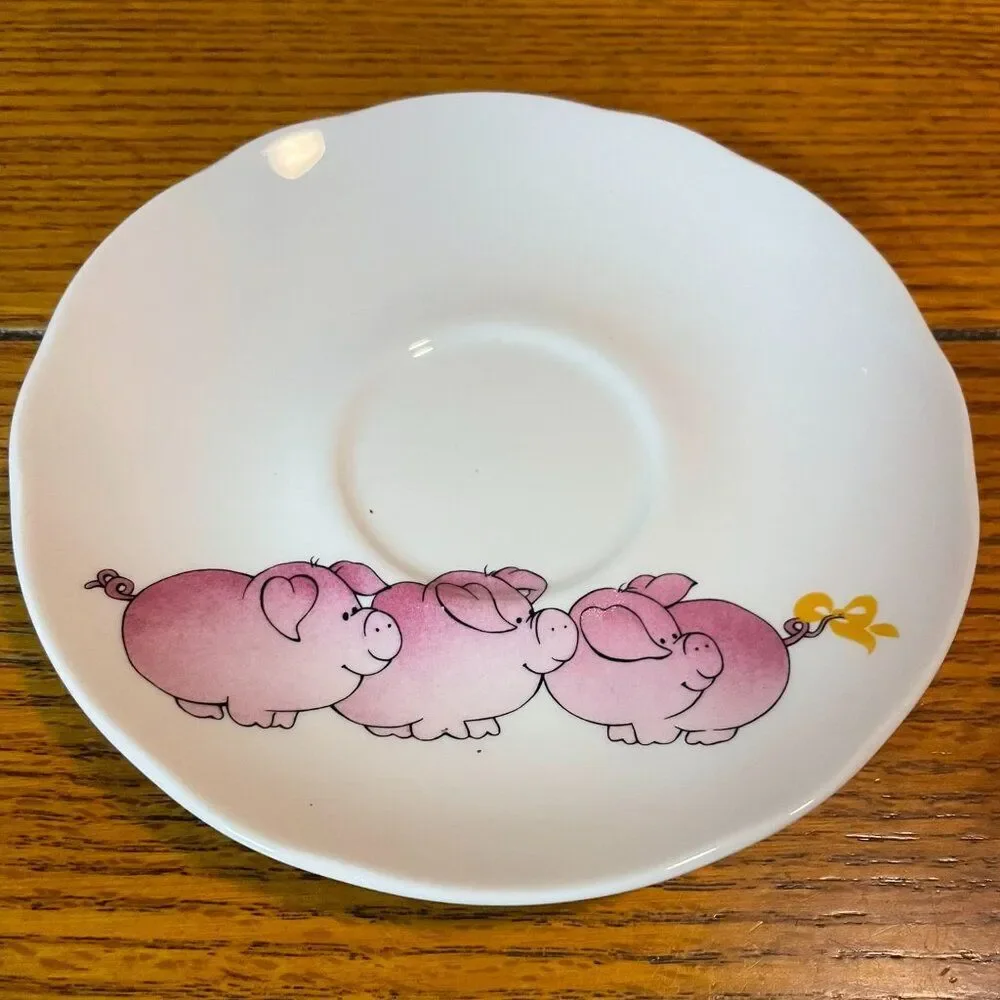 Vintage Retro Pink Pig Country Kitchen Teacup & Saucer Bone China Set